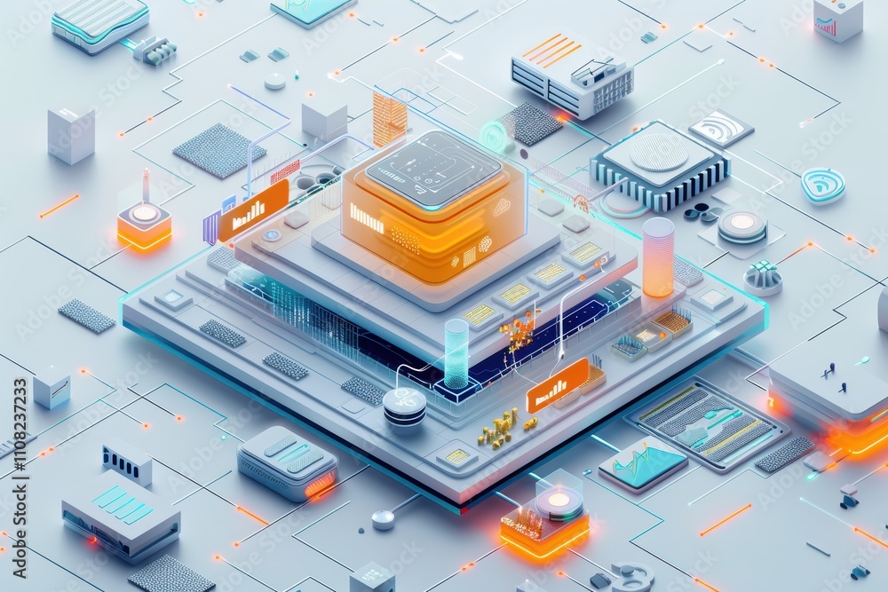 Obraz premium Futuristic digital landscape showcasing technology and data processing elements.