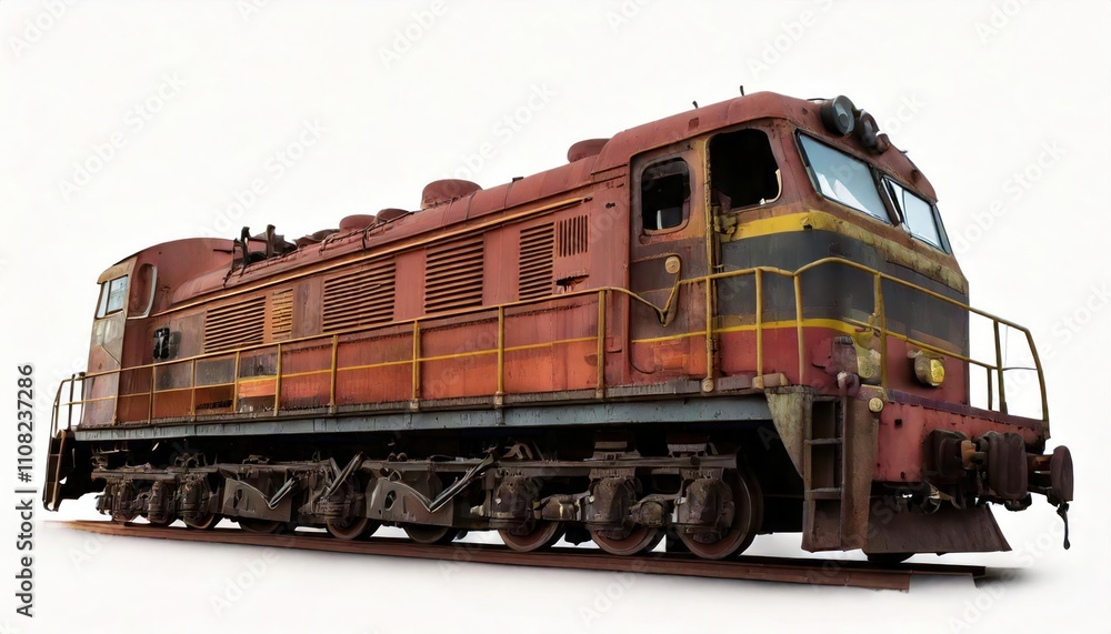 Fototapeta premium Old rusty diesel locomotive side view isolated on white background, industrial train engine 
