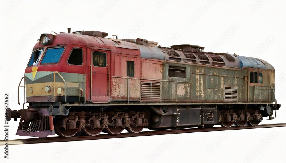 Fototapeta premium Old rusty diesel locomotive side view isolated on white background, industrial train engine 