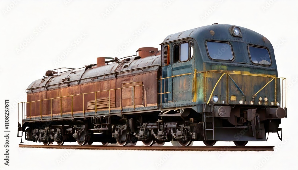 Old rusty diesel locomotive side view isolated on white background, industrial train engine Old rusty diesel locomotive side view isolated on white background, industrial train engine