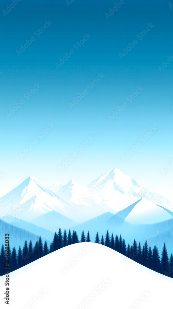 Fototapeta premium A serene winter landscape featuring snow-covered mountains and a clear blue sky, complemented by a silhouette of evergreen trees.