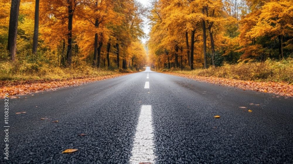 Obraz premium Asphalt Road Surrounded by Vibrant Autumn Trees With Golden Foliage. Generative AI