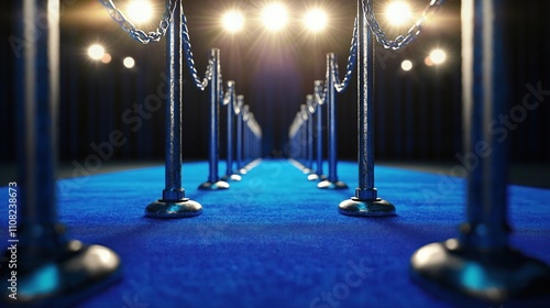 Elegant blue carpet under spotlights creates glamorous atmosphere. Metal poles with chains form pathway. Red carpet event concept shown. Hollywood stars celebrities likely to walk along path. Likely photo