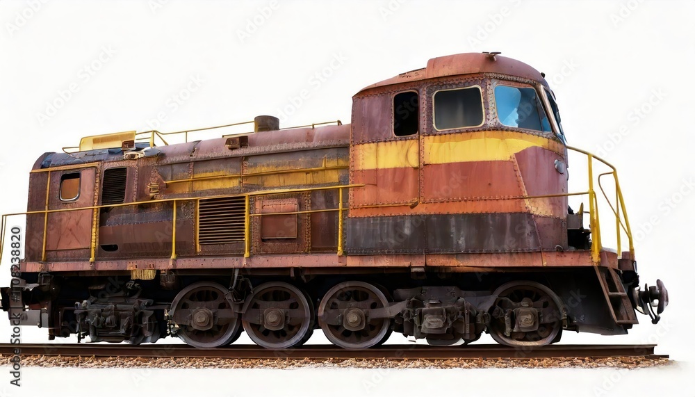 Fototapeta premium Old rusty diesel locomotive side view isolated on white background, industrial train engine 