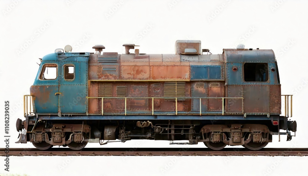 Old rusty diesel locomotive side view isolated on white background, industrial train engine Old rusty diesel locomotive side view isolated on white background, industrial train engine