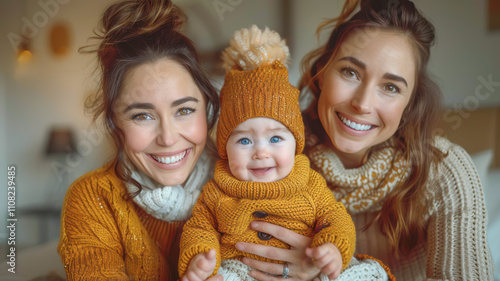 lesbian homosexual couple with their daughter baby at home. photo