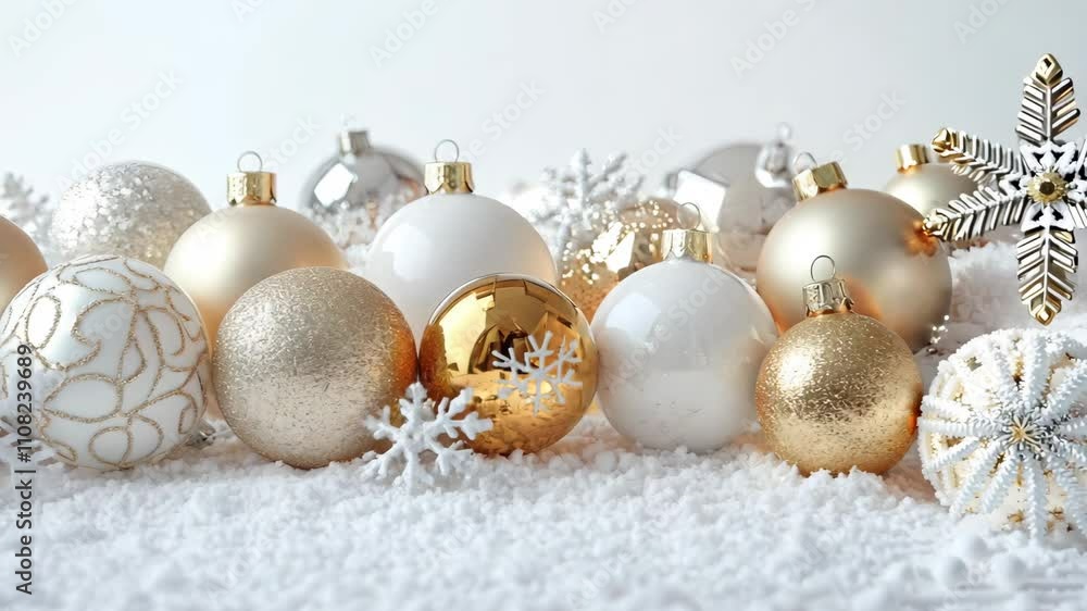 Bunch of gold and white Christmas ornaments are on a white background. 4K Video Bunch of gold and white Christmas ornaments are on a white background. 4K Video