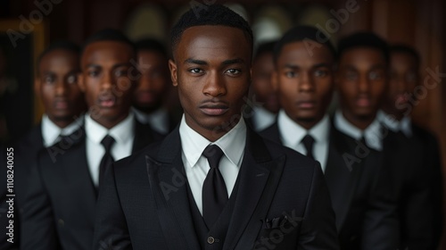 A young Black man in a sharp black suit stands prominently, flanked by others in similar attire. The image projects power, unity, and sophistication.