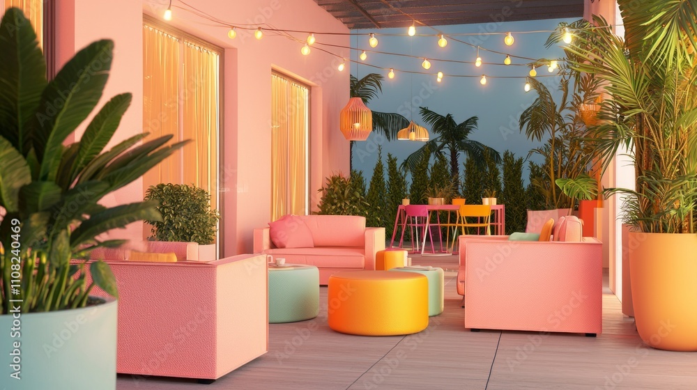 Fototapeta premium Vibrant Outdoor Patio Oasis with Colorful Furniture, Playful String Lights, and Lively Potted Plants - Joyful Gathering Space