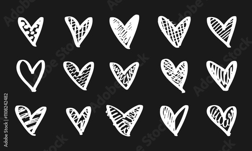 Fifteen hand drawn textured white hearts on black background. Doodles and squiggles. Vector set