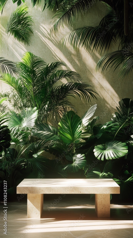 Fototapeta premium A white stone bench sits in front of a wall with sunlight filtering through lush tropical foliage.