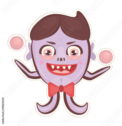 Juggle monster, purple character of evil genius, vector groovy sticker, hippy and trippy avatar, trendy funky illustration