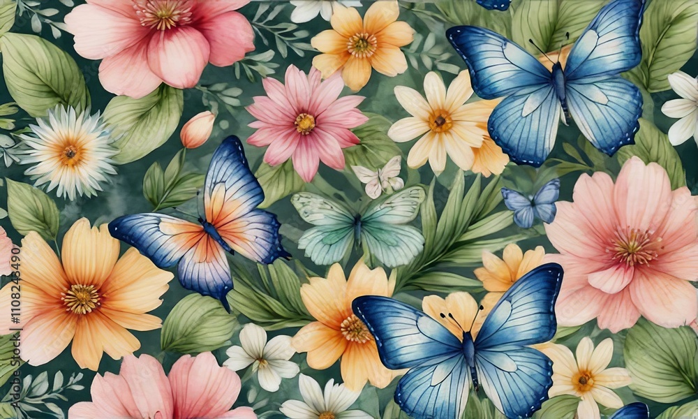 Eye-catching illustration of butterflies in flight, surrounded by blooming flowers and leaves. Perfect for seasonal promotions, nature-related projects, greeting cards, print, digital designs. Eye-catching illustration of butterflies in flight, surrounded by blooming flowers and leaves. Perfect for seasonal promotions, nature-related projects, greeting cards, print, digital designs.