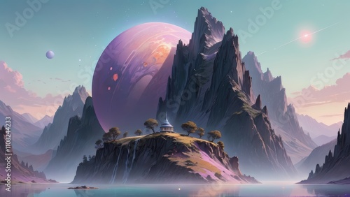 Surreal alien landscape with towering mountains, a serene lake, a small pavilion, and a massive purple planet in the sky.
