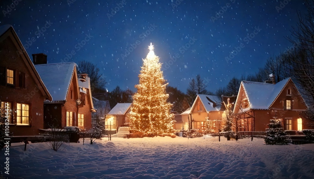 Fototapeta premium Snowy village scene at dusk, with small cottages lit by warm lights and a Christmas tree