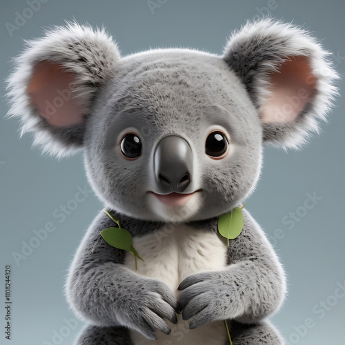 Adorable 3D Render of a Koala Bear Cub with Eucalyptus Leaves,  A Cute and Fuzzy Digital Creation photo