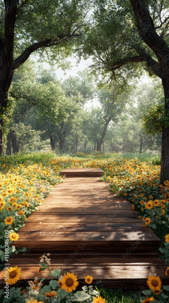 Obraz premium A wooden path leads through a field of sunflowers in a forest.