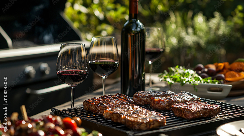 A gourmet barbecue setup with marinated steaks, premium wine, and fancy plating. A gourmet barbecue setup with marinated steaks, premium wine, and fancy plating.