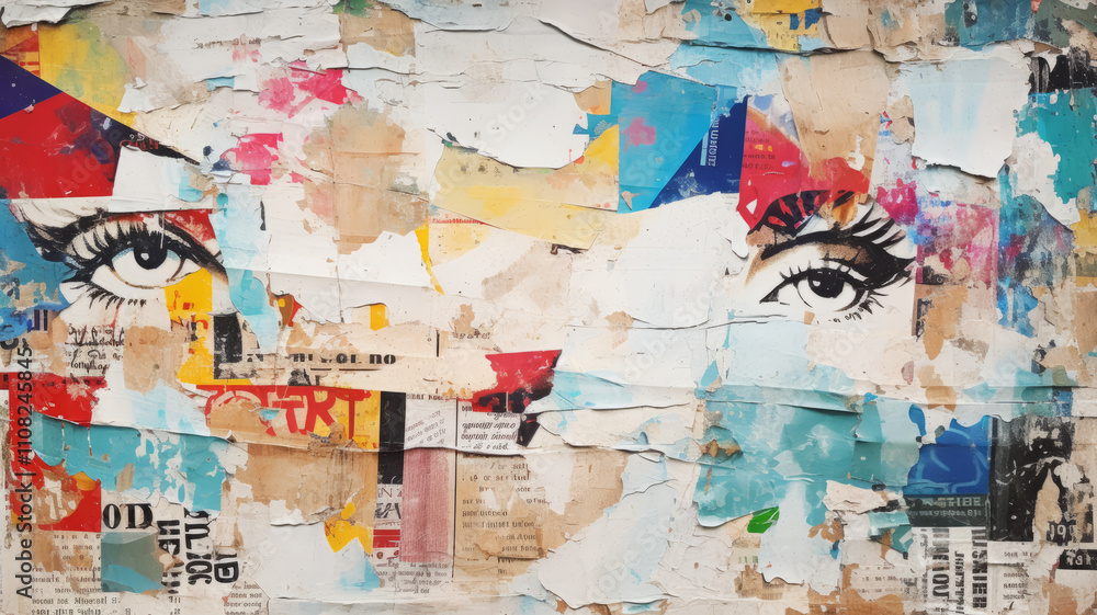 Naklejka premium Old wrinkled grunge ripped torn placard posters background. White, pink, blue, yellow colors weathered advertising poster pieces on wall