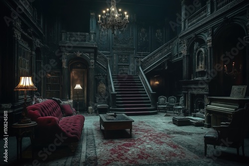 Dark, opulent mansion living room grand staircase. Dimly lit room filled with antique furniture like red velvet couch. Dust, decay subtly present. Eerie atmosphere evokes sense of age. Grand piano photo