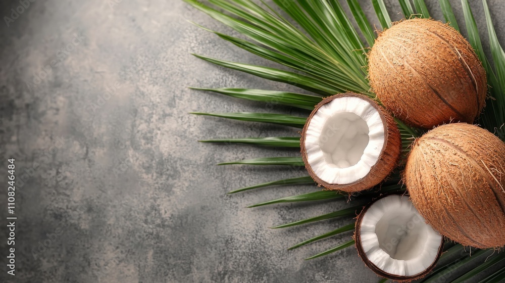 Coconuts and Palm Leaves on Concrete Background Coconuts and Palm Leaves on Concrete Background