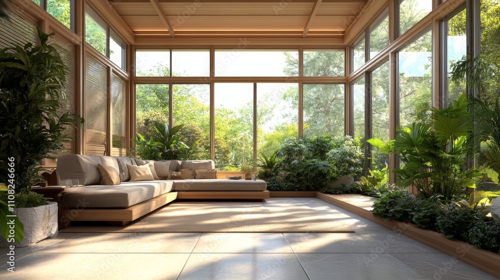 Fototapeta premium Sunlit Conservatory with Lush Greenery
