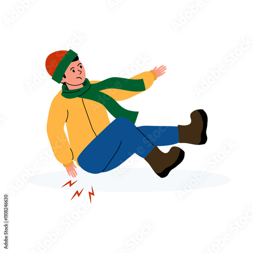 A person slips on ice while walking outside in winter, wearing an orange jacket and green scarf