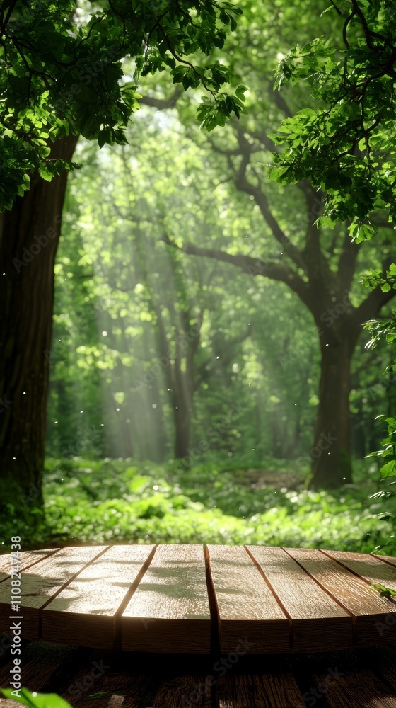 Fototapeta premium A wooden table in a lush green forest with sunlight streaming through the leaves.