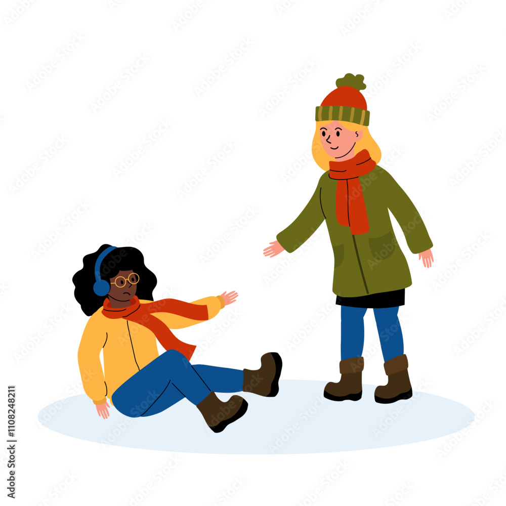Two friends enjoying winter fun, one helping the other after a playful fall in the snow Two friends enjoying winter fun, one helping the other after a playful fall in the snow