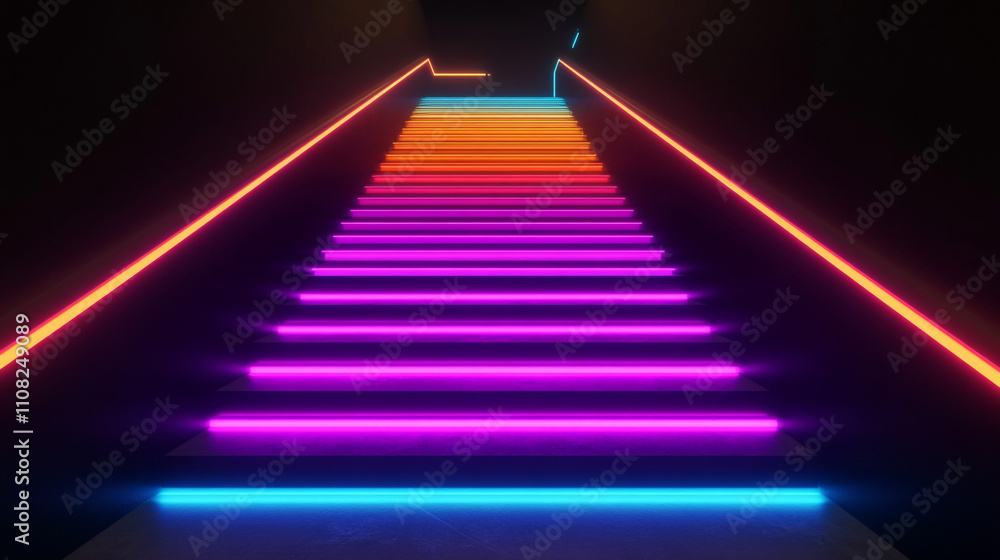 Neon Rainbow Staircase  Abstract Art  Glowing Steps  Bright Lights  Futuristic Design  Col