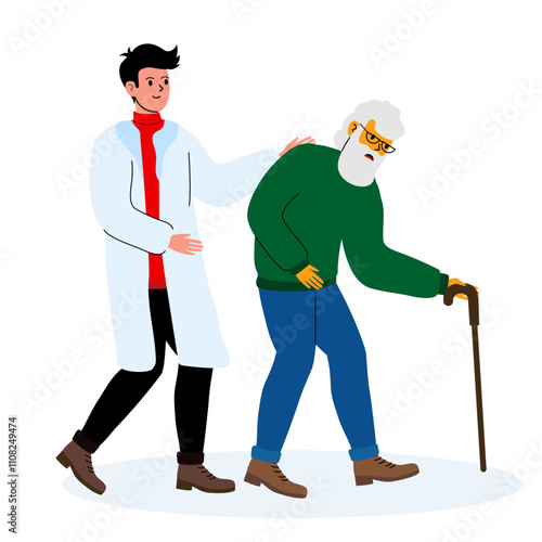 Young doctor assists elderly man with mobility issues during a routine check-up in a clinic