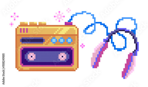 Retro Pixel Art Cassette Player with Headphones.