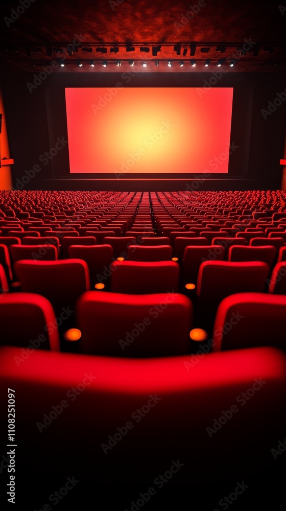 Fototapeta premium Empty red seats in an auditorium with a large blank screen.