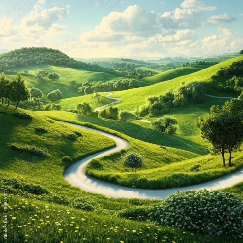 Stunning Summer Landscape with Green Rolling Hils and widding path photo