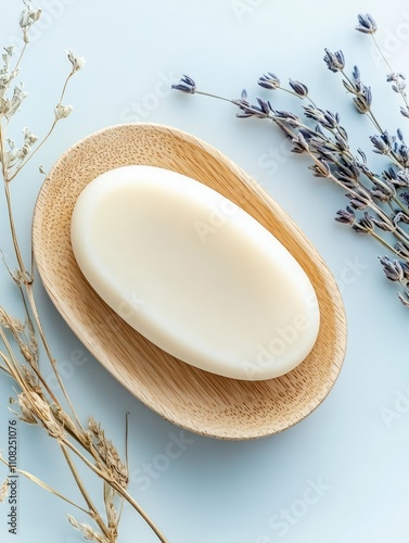 Handmade natural soap on a bamboo soap dish with lavender, promoting sustainable self-care. photo