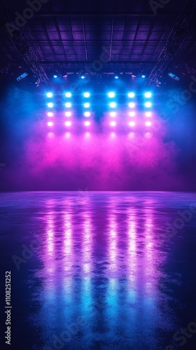 Wallpaper Mural Empty stage with blue and pink spotlights and smoke, reflecting on wet floor. Torontodigital.ca