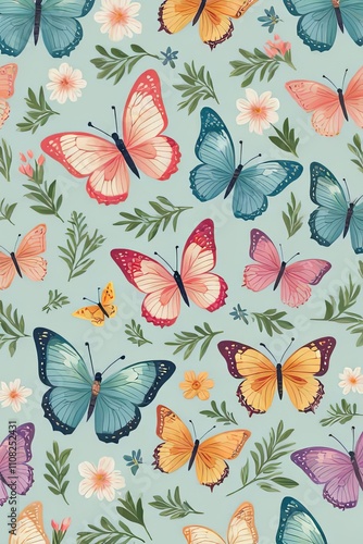Artistic display of butterflies surrounded by bright blooms, intricate green vines, showcasing harmonious blend of colors, for uplifting artwork, decorations, greeting card, print, digital design.