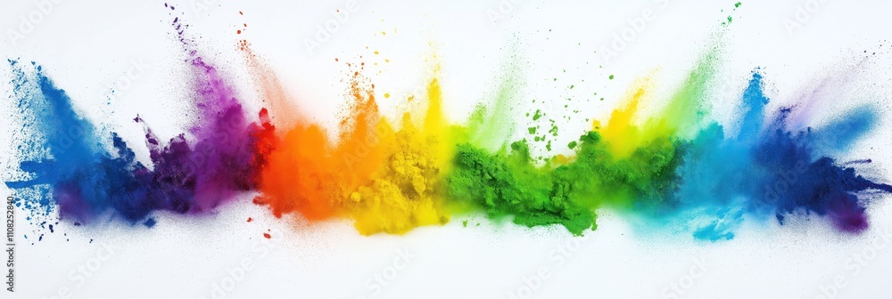 Fototapeta premium Rainbow colored powder explosion on white background. Vibrant colors create dynamic effect. Impressionist style collages with primary colors like light blue, green. Modern art style. Suitable for
