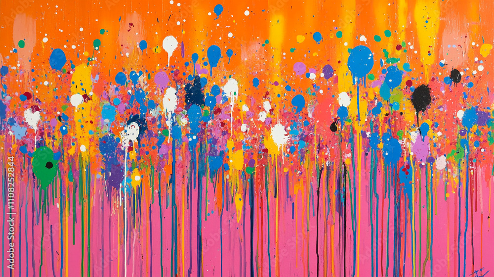 Fototapeta premium Vibrant Abstract Painting Colorful Splashes Drips on Pink Orange