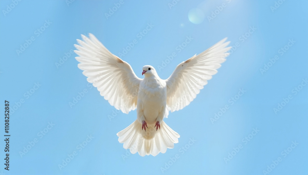 Obraz premium A graceful white dove of peace in flight against a clear blue sky, representing peace and freedom