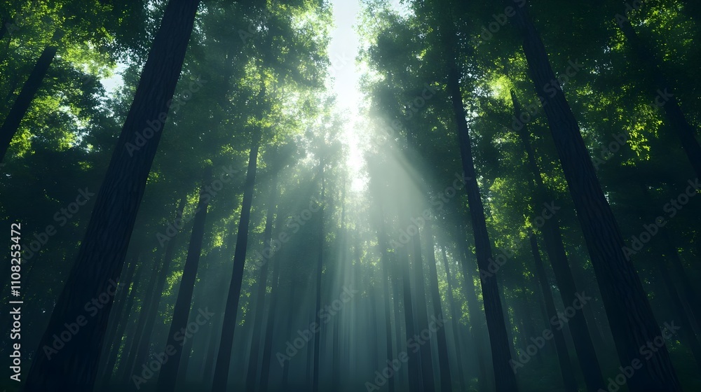 Obraz premium Sunbeams in Misty Forest