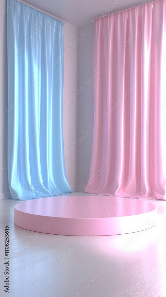 Minimalist product display with a pink podium and blue and pink curtains. Minimalist product display with a pink podium and blue and pink curtains.