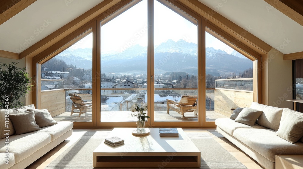 Fototapeta premium Mountain View from Modern Chalet Interior