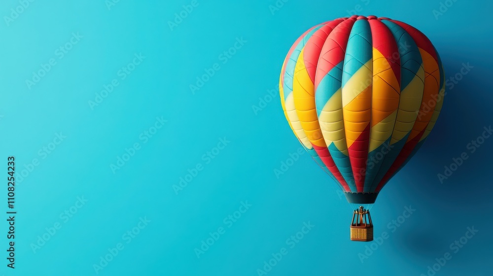 Fototapeta premium A vibrant hot air balloon floating against a bright blue background, symbolizing adventure and freedom.