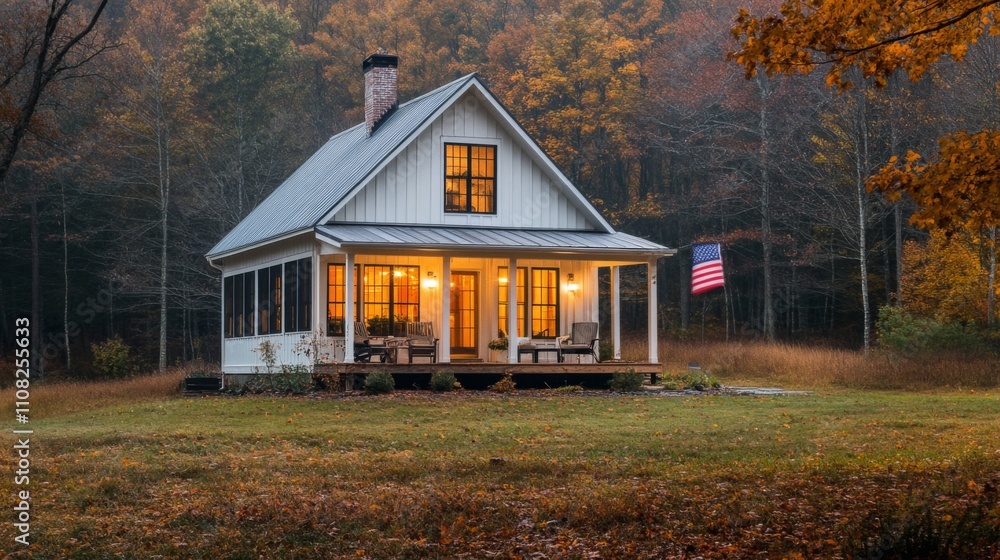 Obraz premium Cozy Cabin in Autumn Forest