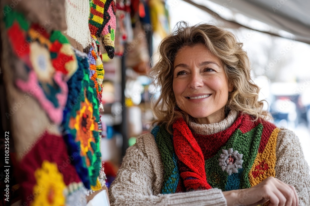 Smiling Woman in Colorful Knitwear at Artisan Craft Market Smiling Woman in Colorful Knitwear at Artisan Craft Market