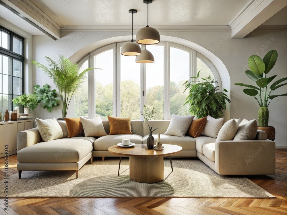Fototapeta premium Candid Photo: Modern Minimalist Living Room, Curved Sofa, Neutral Tones, Interior Design