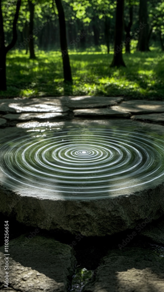 Ripples in a circular stone basin in a lush, green forest. Ripples in a circular stone basin in a lush, green forest.