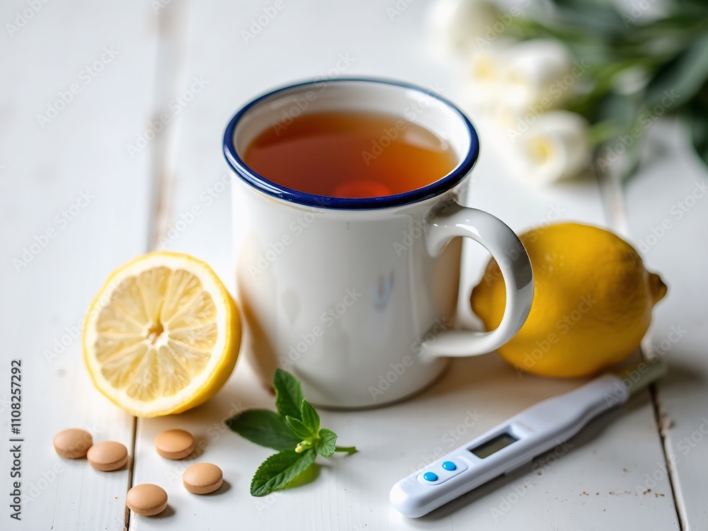 A mug of tea, a lemon slice, and assorted pills sit on a white wooden surface, alongside a digital thermometer. A mug of tea, a lemon slice, and assorted pills sit on a white wooden surface, alongside a digital thermometer.
