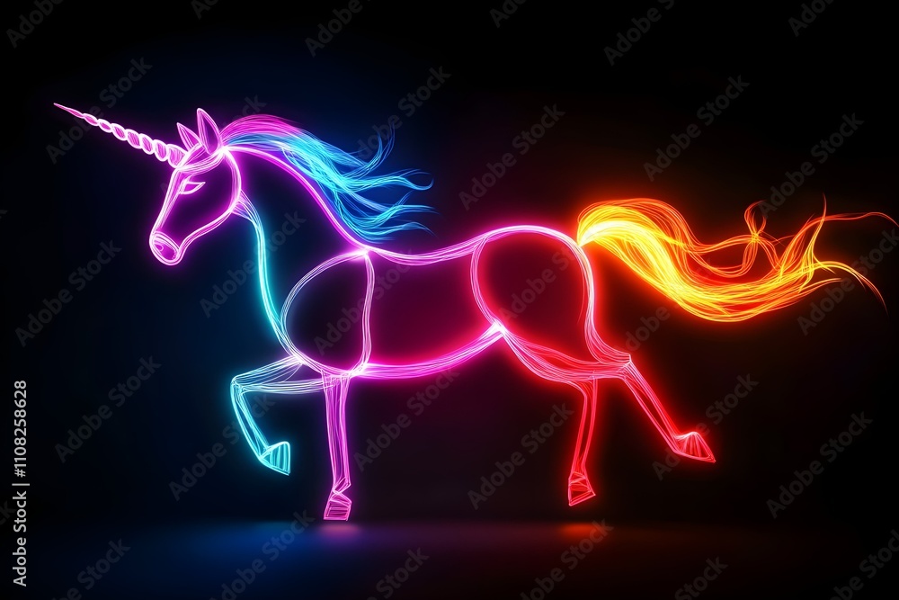 Fototapeta premium Neon unicorn balloon animal silhouette isolated on black background.